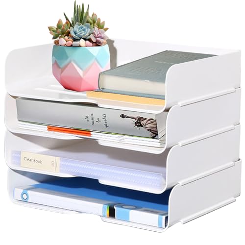 4 Stück 4 Stöckige Stapelbare Schreibtisch Ablagekorb, PET Kunststoff Organizer Briefkorb, Bürobedarf Ablagefächer, A4 Papierablage, Briefablage, Dokumentenablage für Zuhause, Büro, Schule(Weiß) von Aurobest