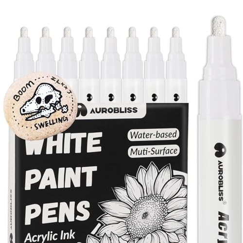 Acrylstifte Weiß 8 Stück, Wasserfester Stift Weiß für Holz, Kunststoff, Stein, Kleidung, Stoff, Papier, Grabstein, Reifen Permanent Marker 2-3mm Fein von Aurobliss