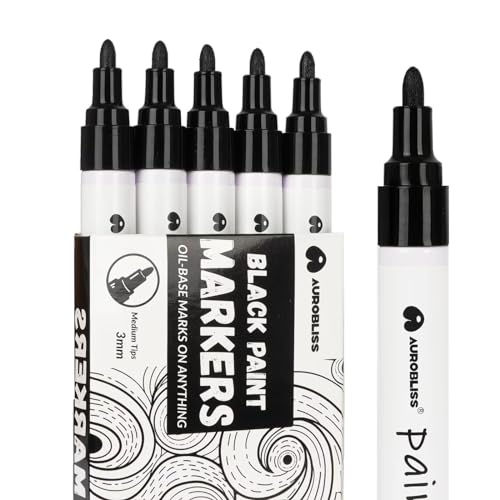 Aurobliss Lackmarker Schwarz 5 Stück, Lackstift Schwarz Wasserfeste Stifte für Holz, Steine, Schiefer, Gummi, Metall, Glas, Plastik, Textilien Permanent Marker Schwarz Dicke Spitze von Aurobliss