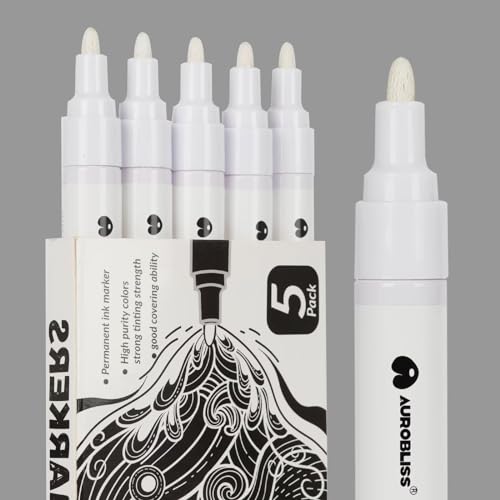 Aurobliss Lackmarker Weiß 5 Stück, Lackstift Wasserfest Weißer Stift für Reifen, Holz, Glas, Metall, Leinwand, Stoff, Grabstein Permanent Marker Weiß 2-3MM Dick von Aurobliss