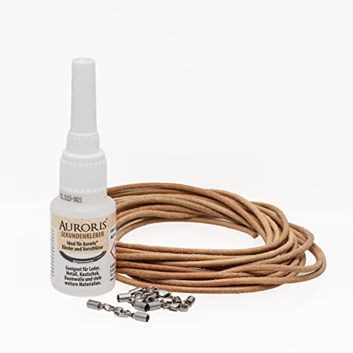 Auroris DIY-Set aus 5 Meter Lederband, Verschlüssen und Kleber für Ketten/Armbänder, Variante: 2 mm/natur von Auroris