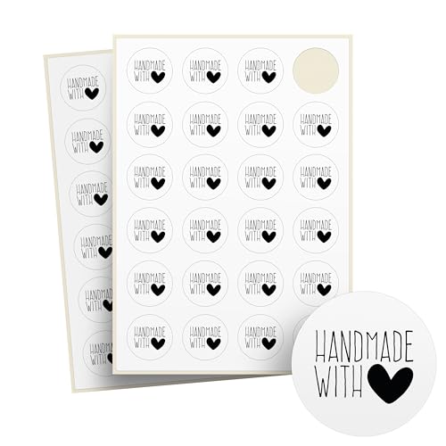 Aufkleber Handmade with Love – 48 Stück auf Bogen – Recyclingpapier, rund – Ø 4 cm – als Sticker oder Etiketten für Hochzeit, Weihnachten – handgemacht, Marmeladen, Kerzen - GROSSES HERZ von Ausgewählt verpackt