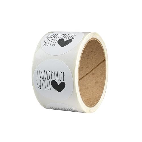 Aufkleber Handmade with Love – 50 Stück – Recyclingpapier, rund – Ø 4 cm – als Sticker oder Etiketten für Hochzeit, Weihnachten – handgemacht, Marmeladengläser, Kerzen - GROSSES HERZ von Ausgewählt verpackt