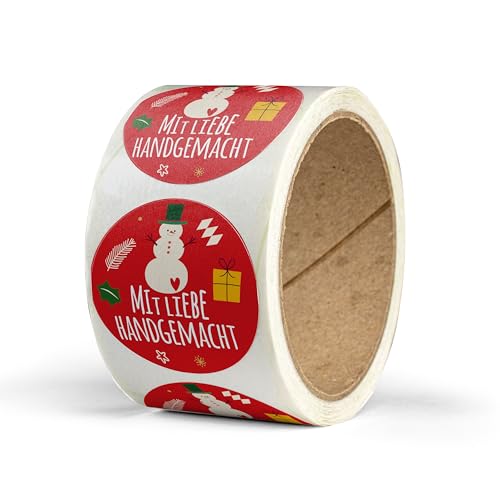 Aufkleber Mit Liebe handgemacht – 50 Stück – rund, Ø 4 cm – als Sticker oder Etiketten für Weihnachten – Geschenke, Handarbeiten, Marmelade, Plätzchen, Likör - Mit Liebe handgemacht - ROT von Ausgewählt verpackt