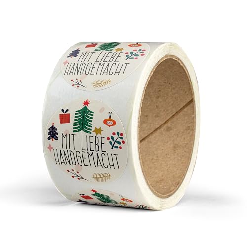 Aufkleber Mit Liebe handgemacht – 50 Stück – rund, Ø 4 cm – als Sticker oder Etiketten für Weihnachten – Geschenke, Handarbeiten, Marmelade, Plätzchen, Likör - Mit Liebe handgemacht - WALD von Ausgewählt verpackt