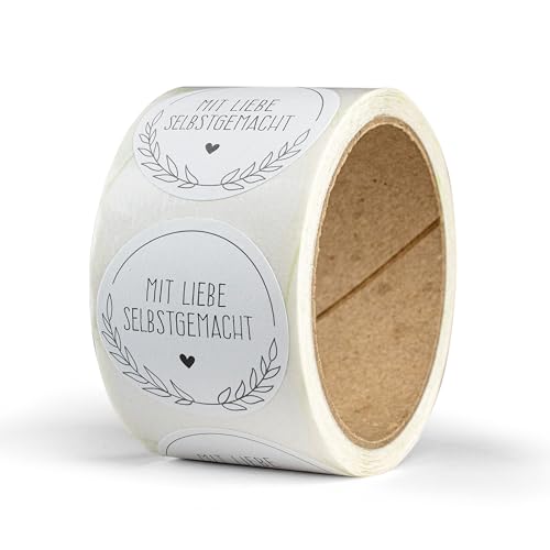 Aufkleber Mit Liebe selbstgemacht – 50 Stück – rund, Ø 4 cm – als Sticker oder Etiketten für Hochzeit, Weihnachten, Einschulung – handmade, Marmeladengläser, Kerzen - ORNAMENT von Ausgewählt verpackt