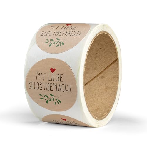 Aufkleber Mit Liebe selbstgemacht – 50 Stück – rund, Ø 4 cm – als Sticker oder Etiketten für Hochzeit, Weihnachten, Einschulung – handmade, Marmeladengläser, Kerzen - Zweig von Ausgewählt verpackt