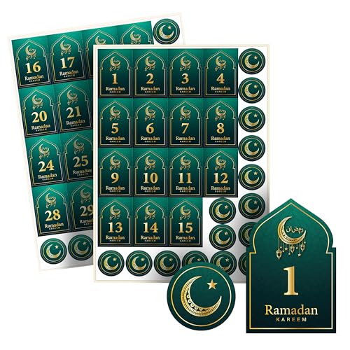 Ramadan Kalender Aufkleber – 30 Ramadan Zahlen Aufkleber 1-30 und Verschluss Sticker – für Ramadan Kalender zum Befüllen Kinder und Erwachsene – Ramadan Deko mit Eid Mubarak Sticker gold (Grün) von Ausgewählt verpackt