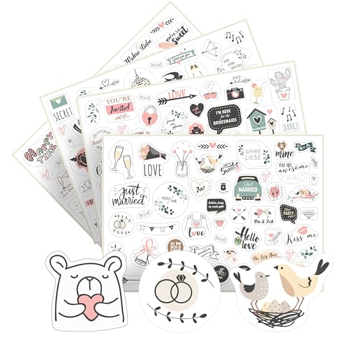 Sticker Hochzeit Gästebuch – 200 Aufkleber auf 4 Bögen – Sticker für Fotoalbum, Scrapbook, Bullet Journal – Stickerset Hochzeit mit Liebe und Herz – für Hochzeitsgästebuch, Hochzeitsalbum - NATURE von Ausgewählt verpackt