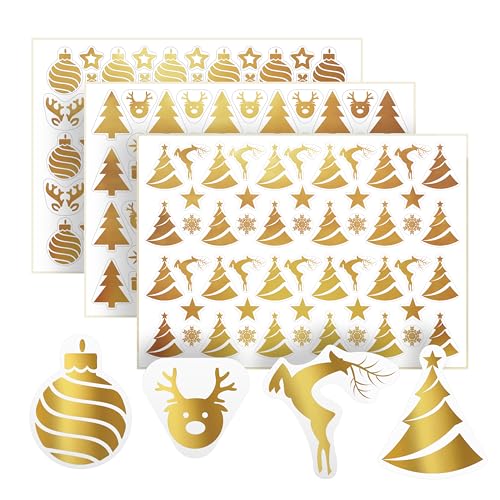 Weihnachtssticker als Geschenkaufkleber oder für Weihnachtskarten – 160 Aufkleber Weihnachten – Tannenbäume, Sterne, Rentiere – Sticker Set zur Deko Weihnachten – selbstklebend - gold-glänzend von Ausgewählt verpackt