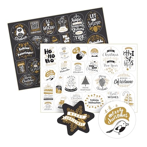 Weihnachtssticker als Geschenkaufkleber oder für Weihnachtskarten – 50 Aufkleber auf 2 Bögen – Weihnachtsetiketten selbstklebend zur Deko Weihnachten – Sticker Set Winter - Set 1 - schwarz-weiß von Ausgewählt verpackt