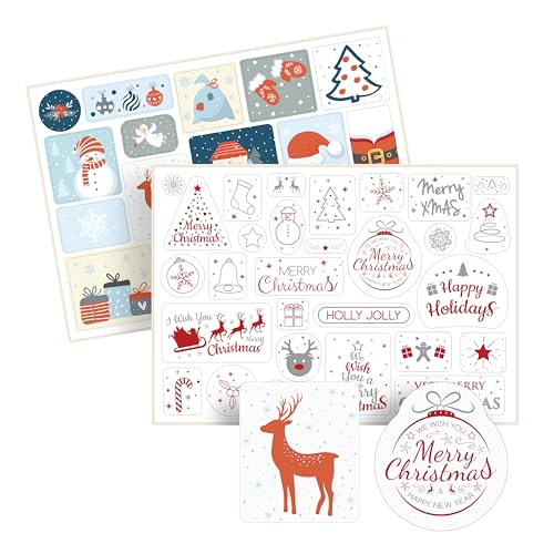 Weihnachtssticker als Geschenkaufkleber oder für Weihnachtskarten – 50 Aufkleber auf 2 Bögen – Weihnachtsetiketten selbstklebend zur Deko Weihnachten – Sticker Set Winter - Set 2 - rot-grau von Ausgewählt verpackt