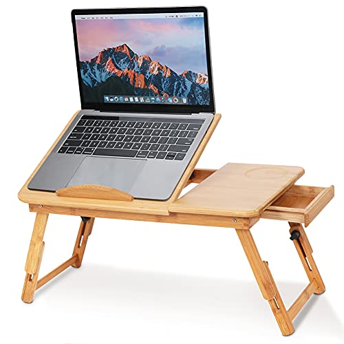 Ausla Laptoptisch Aus Bambus, Notebooktisch Mit Schublade, Klappbarer Frühstückstablett, Höhenverstellbar Laptop Tisch, Zeichentisch Laptops Für Bett, 50x30x20 cm von Ausla