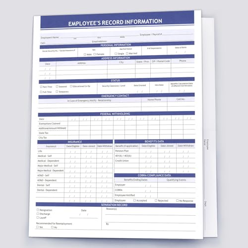 Mitarbeiter-Datensatzordner, sicher, große Kapazität und langlebig, für Mitarbeiterinformationen, vorgedruckt, 25 Stück, Blau von Ausoleil