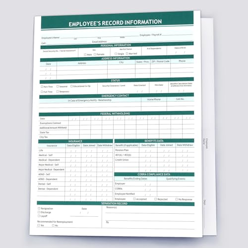 Mitarbeiter-Datensatzordner, sicher, große Kapazität und langlebig, für Mitarbeiterinformationen, vorgedruckt, 25 Stück, Grün von Ausoleil