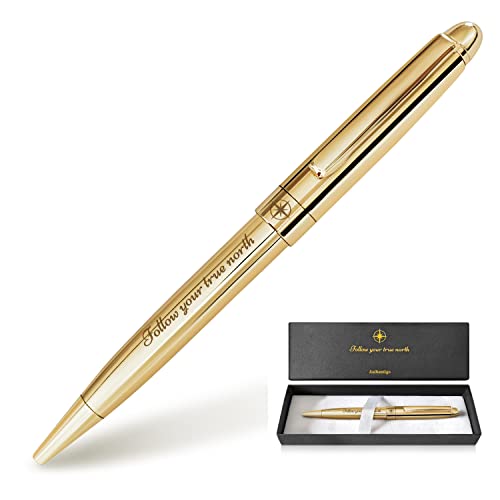 Authentigo Kugelschreiber für Frauen, Ausgefallener Stift für Journaling und Schreiben, Inspirierender Stift mit motivierendem Spruch "Follow Your True North", Geschenkbox, Goldstift mit schwarzer von Authentigo