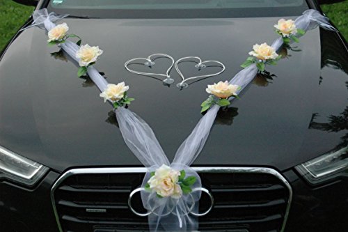 ORGANZA M + HERZEN Braut Paar Rose Deko Dekoration Autoschmuck Hochzeit Car Auto Wedding Deko Ratan Girlande ®Auto-schmuck PKW (Lemon/Weiß/Weiß) von Auto-schmuck so einfach so kreativ