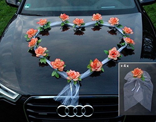 Organza Herz Auto Schmuck Braut Paar Rose Deko Dekoration Autoschmuck Hochzeit Car Auto Wedding Deko Girlande PKW (Orange/Weiß) von Auto-schmuck so einfach so kreativ