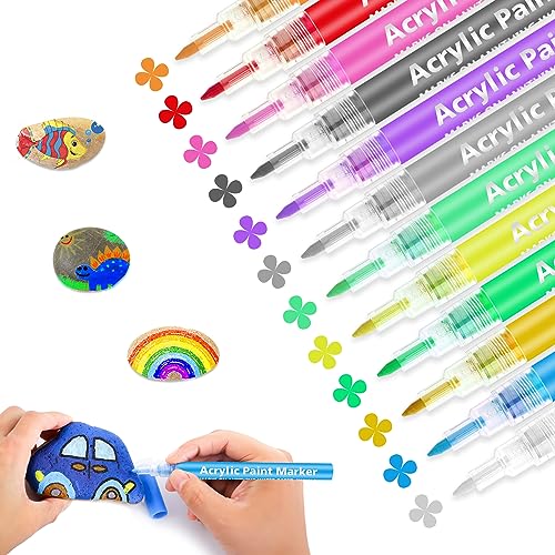 Autoau Steine Bemalen Stifte 12 Farben 0,7mm Tip Acrylstifte für Steine Wasserfest Permanent Marker Stifte, Acrylic Paint Marker für Ostereier Keramik Kunststoff Metall von Autoau