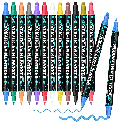 Autoau Acrylstifte für Steine Wasserfest 12 Farben Dual Tip Permanent Marker Fein und Dicke Acrylic Paint Marker Multimarker für Steine Bemalen Handwerk Ostereier Halloween Weihnachts Deko von Autoau