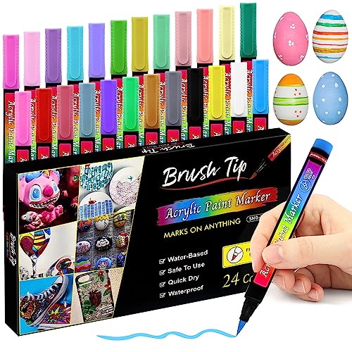 Autoau Acrylstifte für Steine Wasserfest 24 Steine Bemalen Stifte Set 1-6mm Tip Permanent Marker Stifte, Acrylic Paint Marker für Holz Glas Leinwand Leinwand Ostereier Keramik Kunststoff Metall von Autoau