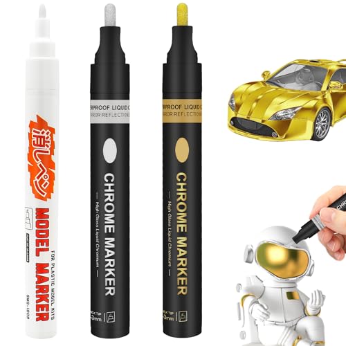 Autoau Metallic Chrom Marker 3 Stück Wasserfest Spiegel Marker Chromlackstift 2-3 mm Hochglänzend Metallic Marker Permanent Flüssiger Chrommarker für Modellbau Metall Glas Kunststoff von Autoau