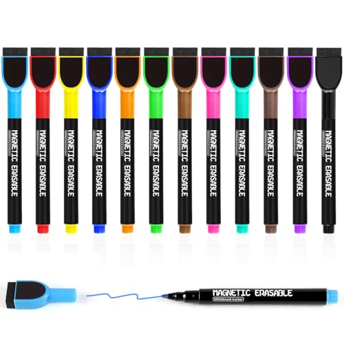 Autoau Whiteboard Marker Magnetisch Whiteboard Stifte Abwischbar 12 Farben Wasserlöslicher Folienstift mit Schwamm, Dry Erase Marker mit Feiner Spitze für Magnettafeln Memoboard Flipchart von Autoau