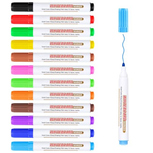 Autoau Whiteboard Marker - Whiteboard Stifte Abwischbar 12 Farben Wasserlöslicher Folienstift Abwischbar, White Board Marker Pens für Lehrer Zubehör Schule Zuhause Büro - Rundspitze 2-3mm von Autoau