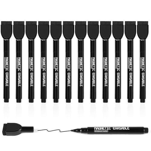 Autoau Whiteboard Stifte, 12 Stück Magnetisch Whiteboard Marker Schwarz Trocken Folienstift Abwischbar, Geruchsarmer White Board Marker Pens mit Schwamm für Zuhause Schule Büro von Autoau