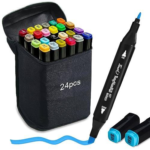 Alkohol Marker Stifte 24 Fraben Alkohol Stifte Set Twin Tip Design Manga Stifte Permanent Marker Filzstifte für Zeichnen Gestalten Skizzieren Handlettering Tagging mit Schwarzer Handtasche von Autoau