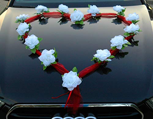 Autoschmuck Organza Herz Auto Schmuck Braut Paar Rose Deko Dekoration Hochzeit Car Auto Wedding Deko Girlande PKW (Reinweiß/Rot) von Auto-schmuck so einfach so kreativ