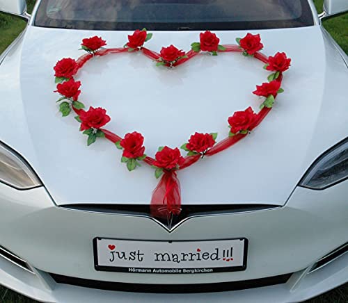 Organza Herz Auto Schmuck Braut Paar Rose Deko Dekoration Autoschmuck Hochzeit Car Auto Wedding Deko Girlande PKW (Rot/Rot) von Auto-schmuck so einfach so kreativ