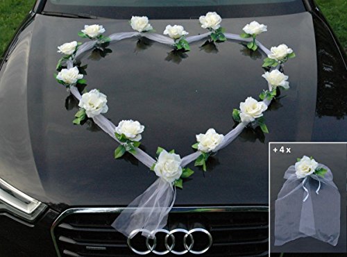 Organza Herz Auto Schmuck Braut Paar Rose Deko Dekoration Autoschmuck Hochzeit Car Auto Wedding Deko Girlande PKW (Ecru/Weiß) von Auto-schmuck so einfach so kreativ