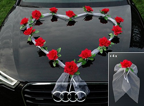 Organza Herz Auto Schmuck Braut Paar Rose Deko Dekoration Autoschmuck Hochzeit Car Auto Wedding Deko Girlande PKW (Rot/Weiß) von Auto-schmuck so einfach so kreativ