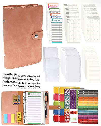 A6 Binder Budget Planner Notizbuch - 89pcs Leder Ringbuchordner Set, 6 Löcher Loseblatt Notebook Ordner Geld Sparen Mappe mit Budgetkarte/Kalender Karte/PVC Tasche/Refill Paper/Etikettenaufklebern von Autwogo