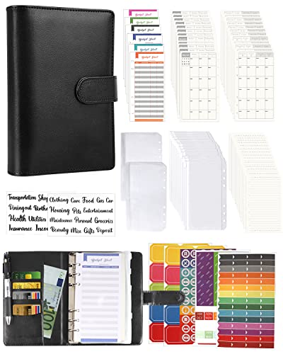 A6 Binder Budget Planner Notizbuch - 89pcs Leder Ringbuchordner Set, 6 Löcher Loseblatt Notebook Ordner Geld Sparen Mappe mit Budgetkarte/Kalender Karte/PVC Tasche/Refill Paper/Etikettenaufklebern von Autwogo