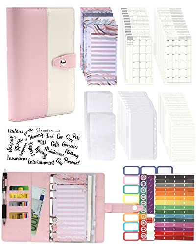 A6 Binder Budget Planner Notizbuch - 90pcs Leder Ringbuchordner Set, 6 Löcher Loseblatt Notebook Ordner Geld Sparen Mappe mit Budgetkarte/Kalender Karte/PVC Tasche/Refill Paper/Etikettenaufklebern von Autwogo