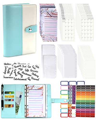 A6 Binder Budget Planner Notizbuch - 90pcs Leder Ringbuchordner Set, 6 Löcher Loseblatt Notebook Ordner Geld Sparen Mappe mit Budgetkarte/Kalender Karte/PVC Tasche/Refill Paper/Etikettenaufklebern von Autwogo