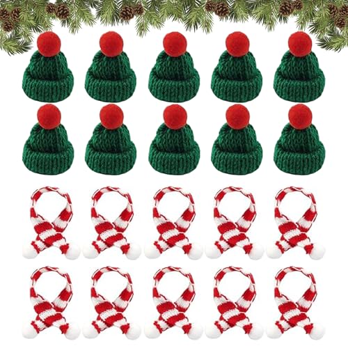 Auzlya 20 Stück Mini Weihnachtsmütze und Schal Set,Mini Weihnachtsmütze,Kleine Weihnachtsmützen,Weihnachten Weinflasche Abdeckung,Weihnachtsfeiern und Puppenhaus Dekoration von Auzlya