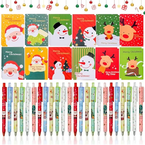 Auzlya 48 stück Kugelschreiber Weihnachten Set,24 Weihnachtsgel Tinte Stifte Cartoon+24 Mini Notizblock Weihnachten,Weihnachts Kugelschreiber,Weihnachtsgeschenke,Weihnachten Geschenke Bag Fillers von Auzlya