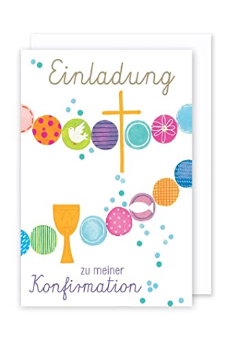 AvanCarte Konfirmation Einladungen Karte 5er Set Goldfolie bunte Kreise Kreuz C6 von AvanCarte