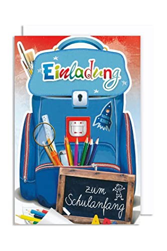 AvanCarte Schulanfang Einladung Karte 5er Mehrstückpackung Schulranzen ABC blau Doppelkarten 15x11cm von AvanCarte