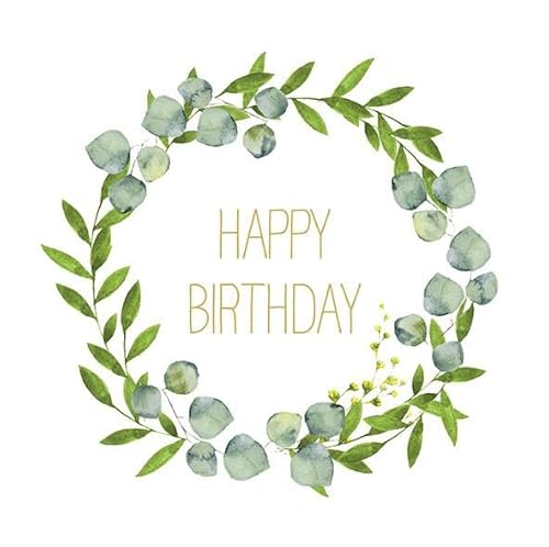 AvanCarte Servietten Tischdeko Geburtstag Eukalyptus Blätterkranz Happy Birthday 20 Stück 3-lagig 33x33cm von AvanCarte