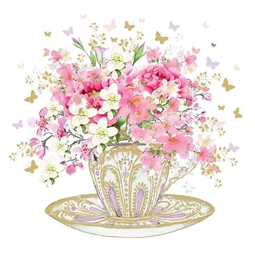 AvanCarte Servietten Tischdeko Geburtstag Natur Blumen in Tasse 20 Stück 3-lagig 33x33cm von AvanCarte