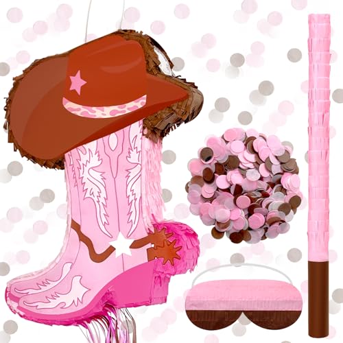 Cowgirl-Stiefel-Piñata-Set enthält rosa Cowboystiefel, Pinata-Augenbinde, Stick und Konfetti, Western-Cowboy-Themenparty-Dekorationen für Foto-Requisiten, Süßigkeitenhalter, Partyzubehör von Avauoso