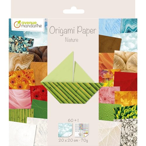 Avenue Mandarine 52503MD Origami color Papier (quadratisch, 20 x 20 cm, mit Faltanleitung, 60 verschiedenen Blätter und 1 Blatt mit Augenset, Natur), Mittel von Avenue Mandarine