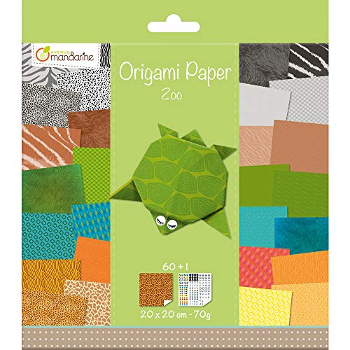 Avenue Mandarine 52504MD Origami color Papier (quadratisch, 20 x 20 cm, mit Faltanleitung, 60 verschiedenen Blätter und 1 Blatt mit Augenset, Zoo) von Avenue Mandarine