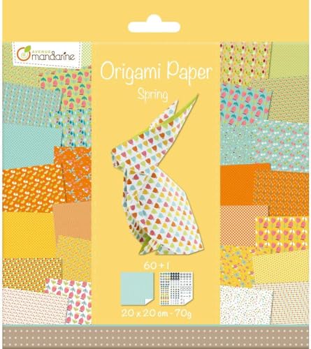 Avenue Mandarine OR505O - Packung mit 60 Blatt Origamipapier beidseitig bedruckt 20x20 cm, 70g (30 Motiven x2) + 1 Bogen mit selbstklebenden Augen, ideal für Kinder ab 7 Jahren, Spring, 1 Pack von Avenue Mandarine