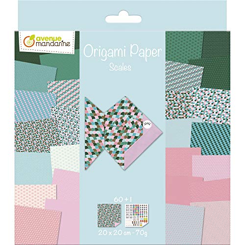 Avenue Mandarine OR511C - Packung Origami Papier mit 60 Blatt, beidseitig bedruckt, 20x20cm, 70g, + 1 Bogen Augen Stickers, ideal ab 7 Jahren, Schuppen, 1 Pack von Avenue Mandarine