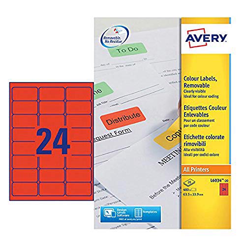 Avery Coloured Labels Laser 24 per Sheet 63.5x33.9mm Red Ref L6034-20 [480 Labels] von Avery